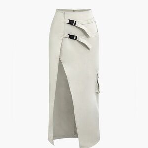 Asymmetric Belted Flap Pocket Split Maxi Skirt